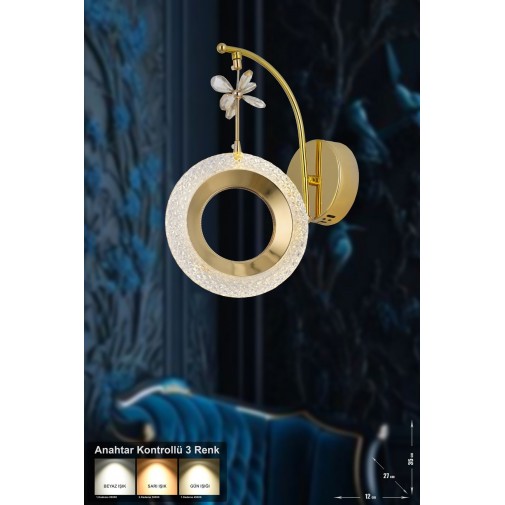Ribera Power Ledli Modern Lüks Duvar Aplik (3 RENK; SARI-BEYAZ-GÜN İŞIĞI) - Gold