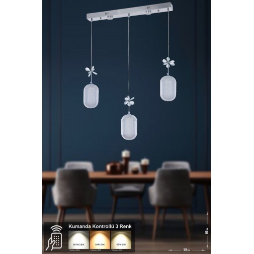 Motta 3'lü Power Ledli Kumandalı Modern Yemek Masası Üstü Avize, 3 Renk: Sarı-beyaz-gün Işığı -krom