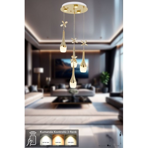 Lale 4'lü Power Ledli Kumandalı Modern Lüks Sarkıt Avize, 3 Renk: Sarı-beyaz-gün Işığı - Gold