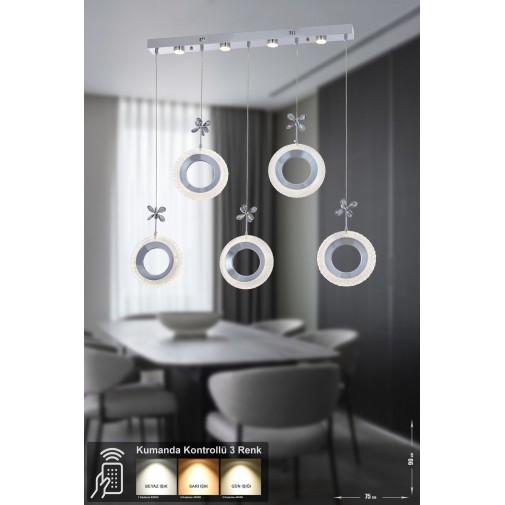 Ribera 5'li Power Ledli Kumandalı Modern Yemek Masası Üstü Avize, 3 Renk: Sarı-beyaz-gün Işığı-krom