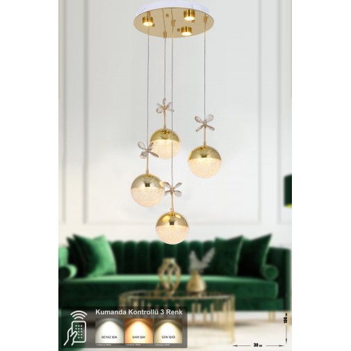 Forde 4'lü Power Ledli Kumandalı Modern Lüks Sarkıt Avize, 3 Renk: Sarı-beyaz-gün Işığı - Gold