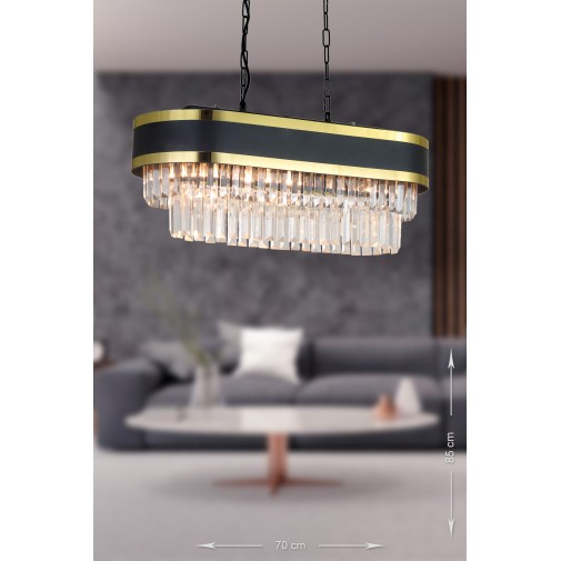 Avizemoda Dora 70x35 Cm'lik Gold Şeritli Kristal Taşlı Lüks Yemek Masası Avize (Siyah-Gold)