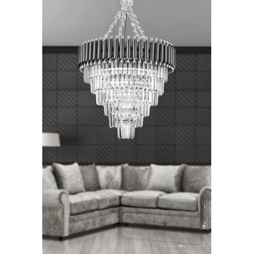 Avizemoda Palmira 60 Cm'lik Kristal Taşlı Lüks Avize 6'lı - (Siyah-Krom)