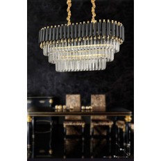 Avizemoda Palmira 75x35 Cm Kristal Taşlı 3 Katlı Lüks Yemek Masası Üstü Avize 6'lı - (Siyah-Gold)