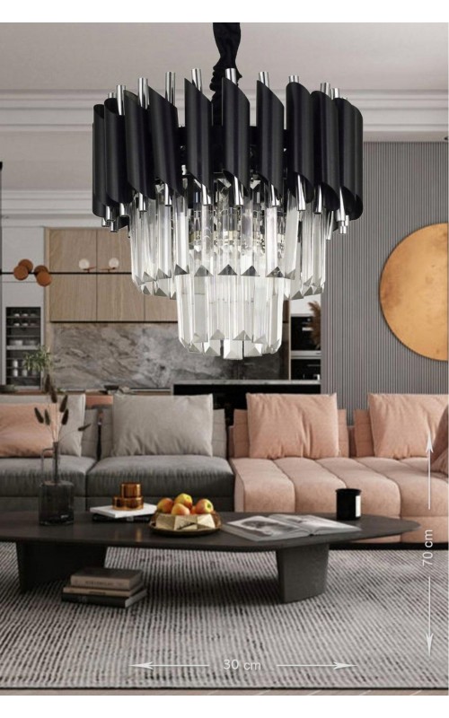 Avizemoda Palmira 30'luk Kristal Taşlı Lüks Avize - (SİYAH-KROM)