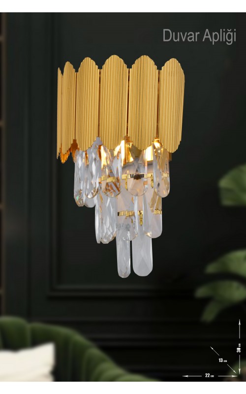 Avizemoda Rossa Kristal Prizma Taşlı Lüks APLİK - (Sarı Yaldız Renk)