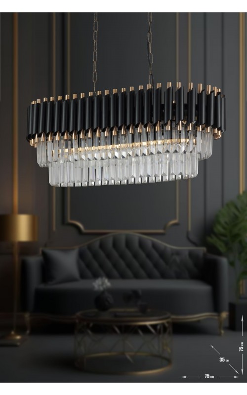 Avizemoda Palmira 75x35 Cm Kristal Taşlı Lüks Yemek Masası Üstü Avize 6'lı - (siyah-gold)