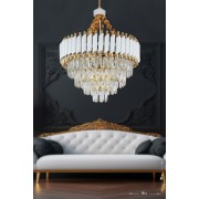 Avizemoda Palmira 55'lik Prizma Kesim Kristal Taşlı Lüks Salon Avize - (Beyaz-Gold)