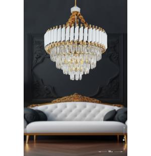 Avizemoda Palmira 55'lik Prizma Kesim Kristal Taşlı Lüks Salon Avize - (Beyaz-Gold)
