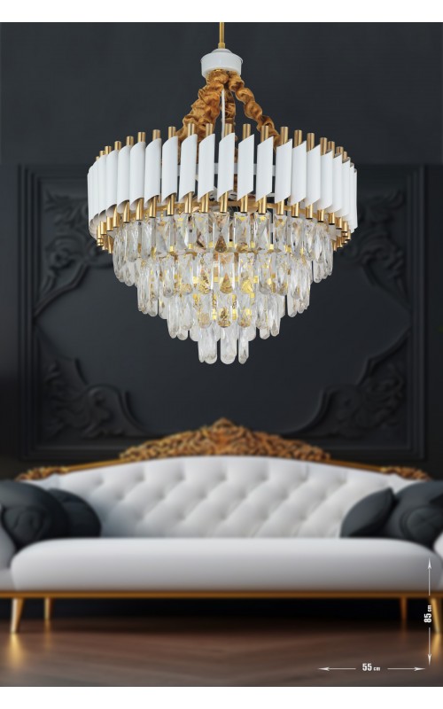 Avizemoda Palmira 55'lik Prizma Kesim Kristal Taşlı Lüks Salon Avize - (Beyaz-Gold)