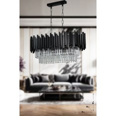 Sima 75x30 Cm'lik Kristal Cam Taşlı Lüks Yemek Masası Üstü Avize - (Siyah Renk)