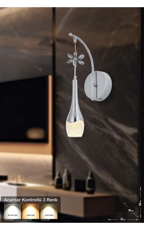 Avizemoda Lale Power Ledli Modern Lüks Duvar Aplik (3 RENK; SARI-BEYAZ-GÜN İŞIĞI) - Krom