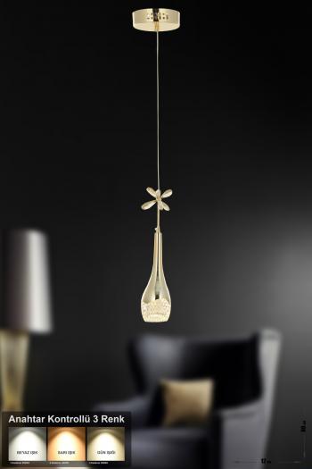 Avizemoda Lale Tekli Ledli Modern Lüks Sarkıt Avize (3 RENK LED; SARI - BEYAZ - GÜN İŞIĞI) - Gold