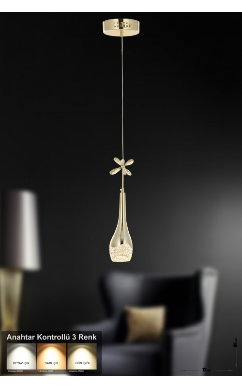 Avizemoda Lale Tekli Ledli Modern Lüks Sarkıt Avize (3 RENK LED; SARI - BEYAZ - GÜN İŞIĞI) - Gold