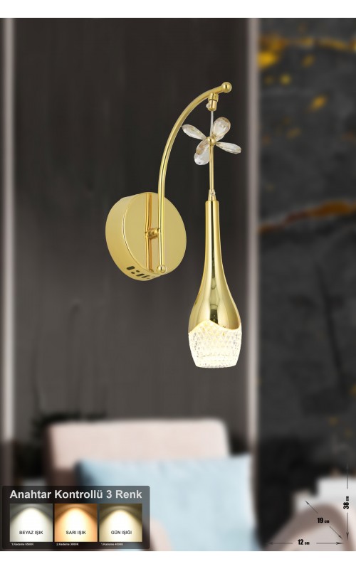Avizemoda Lale Power Ledli Modern Lüks Duvar Aplik (3 RENK; SARI-BEYAZ-GÜN İŞIĞI) - Gold
