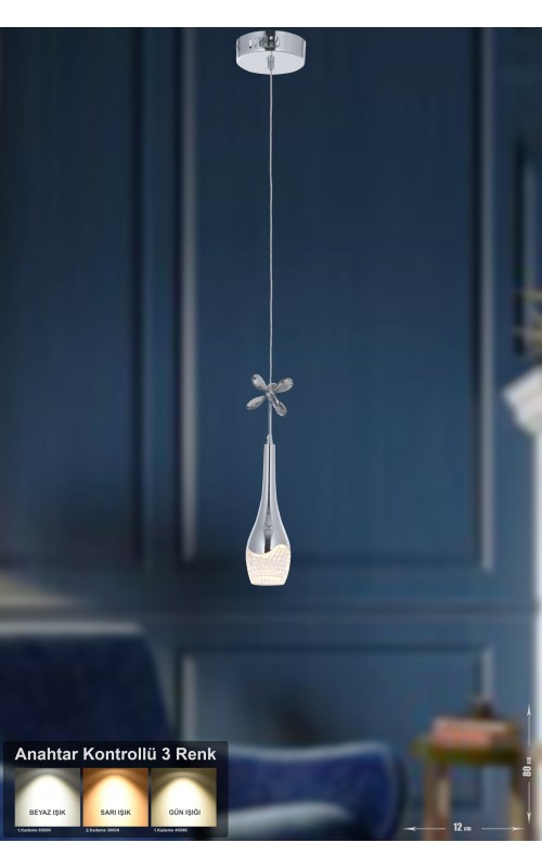 Avizemoda Lale Tekli Ledli Modern Lüks Sarkıt Avize (3 RENK LED; SARI - BEYAZ - GÜN İŞIĞI) - Krom