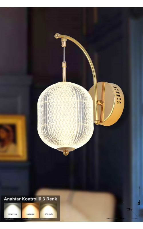 Avizemoda Torino Power Ledli Modern Lüks Duvar Aplik (3 RENK; SARI-BEYAZ-GÜN İŞIĞI) - Gold