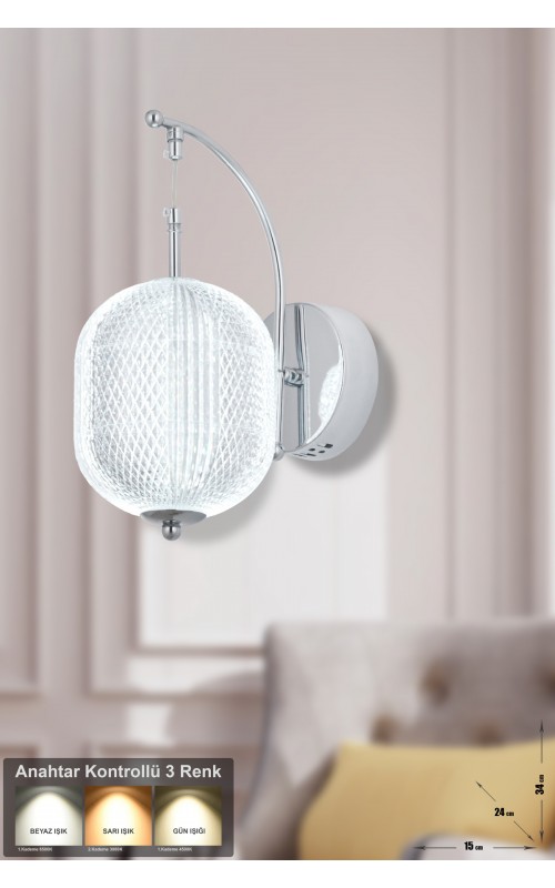 Avizemoda Torino Power Ledli Modern Lüks Duvar Aplik (3 RENK; SARI-BEYAZ-GÜN İŞIĞI) - Krom