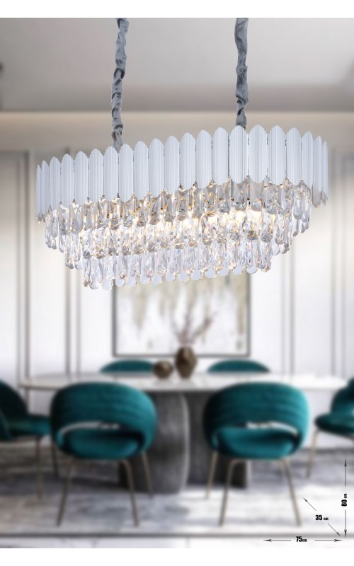 Avizemoda Rossa 75x35 Lik Kristal Prizma Taşlı Yemek Masası Üstü Lüks Avize - (GÜMÜŞ YALDIZ RENK)