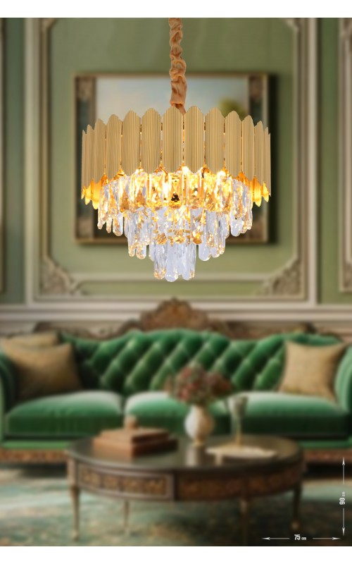 Avizemoda Rossa 40'Lık Kristal Prizma Taşlı Lüks Avize - (Sarı Yaldız Renk)