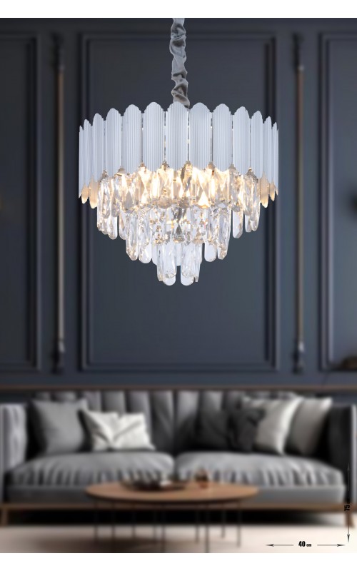 Avizemoda Rossa 40'Lık Kristal Prizma Taşlı Lüks Avize - (Gümüş Yaldız Renk)