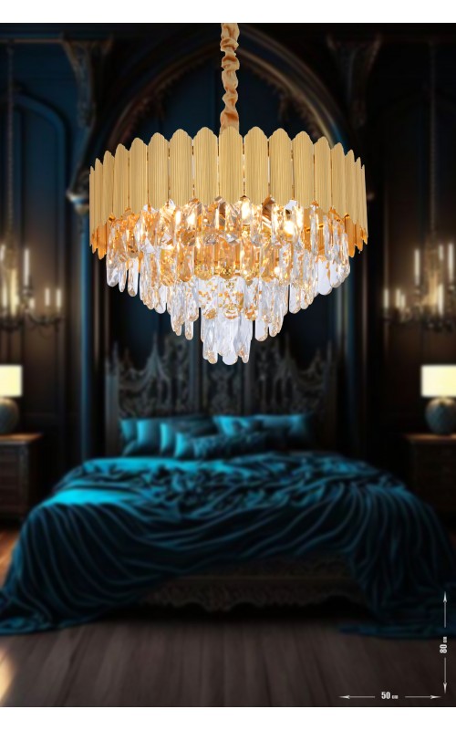 Avizemoda Rossa 50'Lik Kristal Prizma Taşlı Lüks Avize - (Sarı Yaldız Renk)