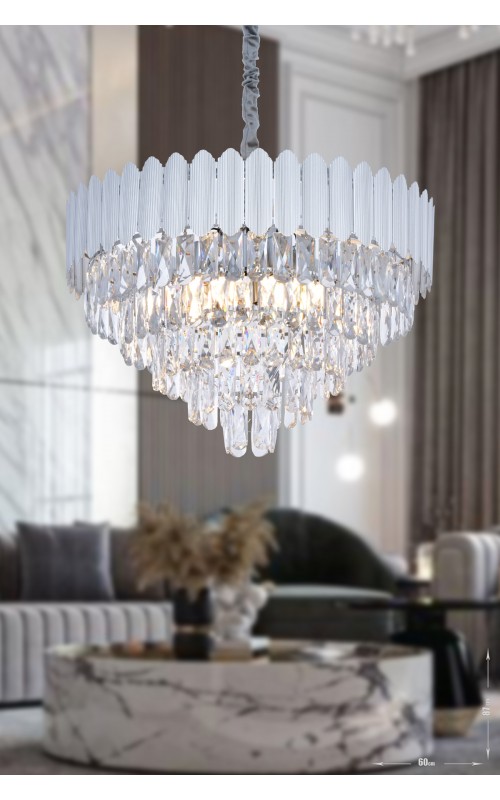 Avizemoda Rossa 60'Lık Kristal Prizma Taşlı Lüks Avize - (Gümüş Yaldız Renk)