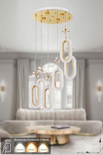 Avizemoda Sessi 6'li Power Ledli Kumandalı Modern Lüks Sarkıt Avize, 3 Renk: Sarı-beyaz-gün Işığı - Gold