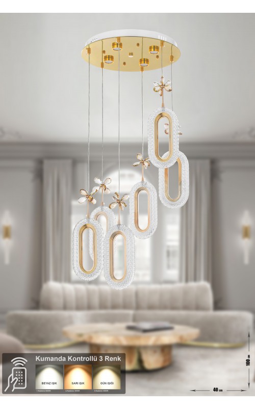 Avizemoda Sessi 6'li Power Ledli Kumandalı Modern Lüks Sarkıt Avize, 3 Renk: Sarı-beyaz-gün Işığı - Gold