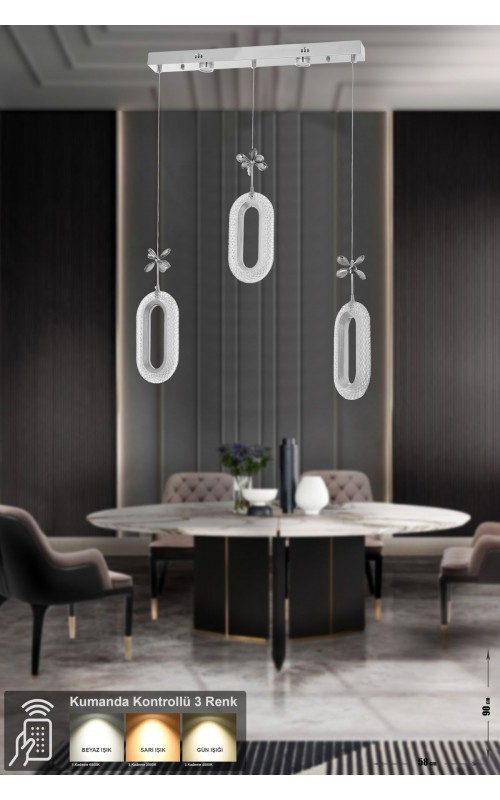 Avizemoda Sessi 3'lü Power Ledli Kumandalı Modern Yemek Masası Üstü Avize, 3 Renk: Sarı-beyaz-gün Işığı -krom