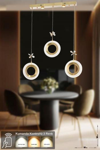Avizemoda Ribera 3'lü Power Ledli Kumandalı Modern Yemek Masası Üstü Avize, 3 Renk: Sarı-beyaz-gün Işığı-gold