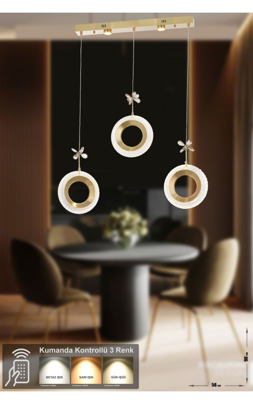 Avizemoda Ribera 3'lü Power Ledli Kumandalı Modern Yemek Masası Üstü Avize, 3 Renk: Sarı-beyaz-gün Işığı-gold