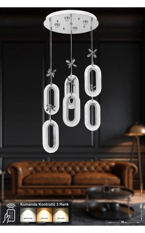 Avizemoda Sessi 6'li Power Ledli Kumandalı Modern Lüks Sarkıt Avize, 3 Renk: Sarı-beyaz-gün Işığı - Krom