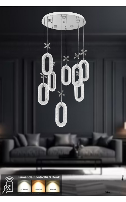 Avizemoda Sessi 8'li Power Ledli Kumandalı Modern Lüks Sarkıt Avize, 3 Renk: Sarı-beyaz-gün Işığı - Krom