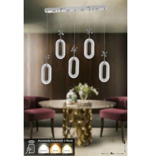 Avizemoda Sessi 5'li Power Ledli Kumandalı Modern Yemek Masası Üstü Avize, 3 Renk: Sarı-beyaz-gün Işığı- Krom