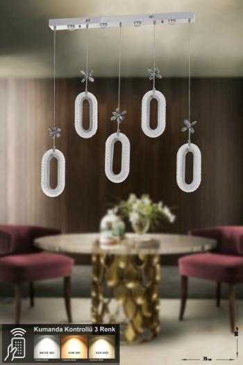 Avizemoda Sessi 5'li Power Ledli Kumandalı Modern Yemek Masası Üstü Avize, 3 Renk: Sarı-beyaz-gün Işığı- Krom