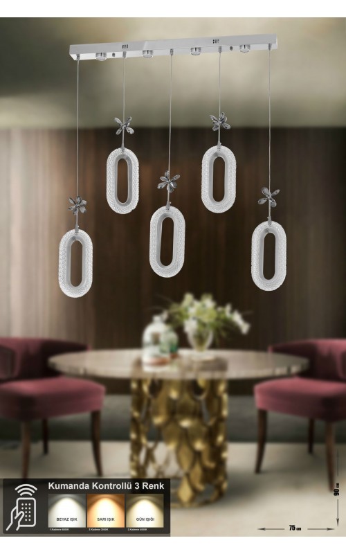 Avizemoda Sessi 5'li Power Ledli Kumandalı Modern Yemek Masası Üstü Avize, 3 Renk: Sarı-beyaz-gün Işığı- Krom