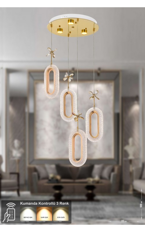 Avizemoda Sessi 4'lü Power Ledli Kumandalı Modern Lüks Sarkıt Avize, 3 Renk: Sarı-beyaz-gün Işığı - Gold