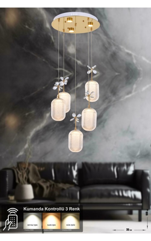 Avizemoda Motta 5'li Power Ledli Kumandalı Modern Lüks Sarkıt Avize, 3 Renk: Sarı-beyaz-gün Işığı - Gold