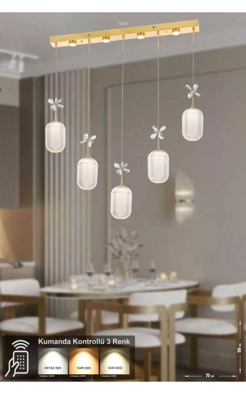 Avizemoda Motta 5'li Power Ledli Kumandalı Modern Yemek Masası Üstü Avize, 3 Renk: Sarı-beyaz-gün Işığı -gold