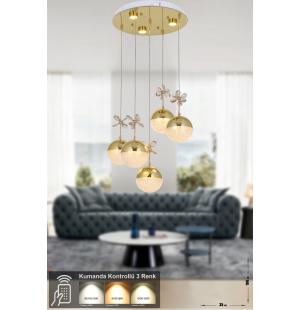 Avizemoda Forde 5'li Power Ledli Kumandalı Modern Lüks Sarkıt Avize, 3 Renk: Sarı-beyaz-gün Işığı - Gold