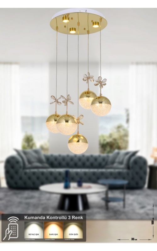 Avizemoda Forde 5'li Power Ledli Kumandalı Modern Lüks Sarkıt Avize, 3 Renk: Sarı-beyaz-gün Işığı - Gold