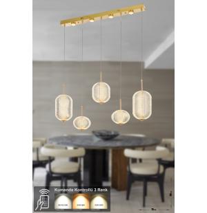Avizemoda Torino 5'li Power Ledli Kumandalı Modern Yemek Masası Üstü Avize, 3 Renk: Sarı-beyaz-gün Işığı-gold
