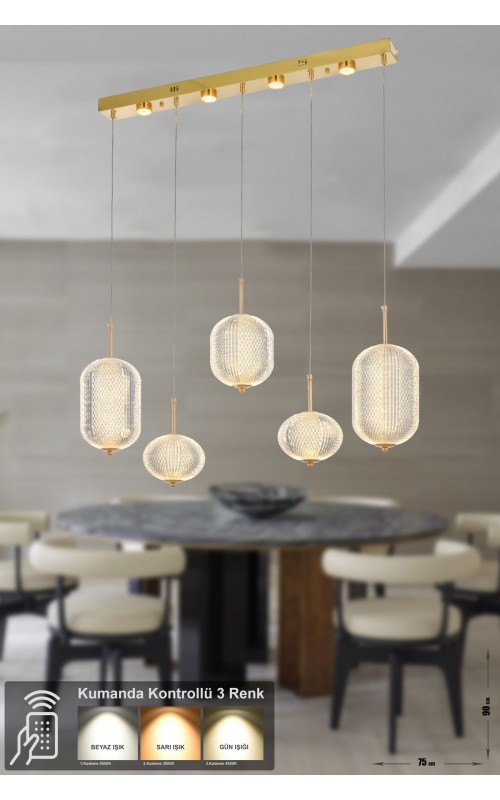 Avizemoda Torino 5'li Power Ledli Kumandalı Modern Yemek Masası Üstü Avize, 3 Renk: Sarı-beyaz-gün Işığı-gold