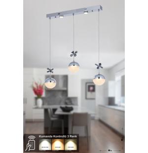 Avizemoda Forde 3'lü Power Ledli Kumandalı Modern Yemek Masası Üstü Avize, 3 Renk: Sarı-beyaz-gün Işığı -krom