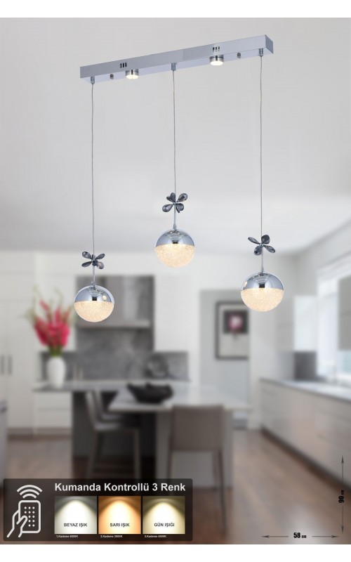 Avizemoda Forde 3'lü Power Ledli Kumandalı Modern Yemek Masası Üstü Avize, 3 Renk: Sarı-beyaz-gün Işığı -krom