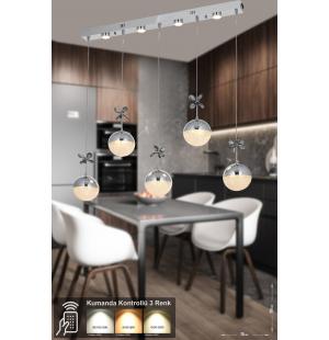 Avizemoda Forde 5'li Power Ledli Kumandalı Modern Yemek Masası Üstü Avize, 3 Renk: Sarı-beyaz-gün Işığı -krom