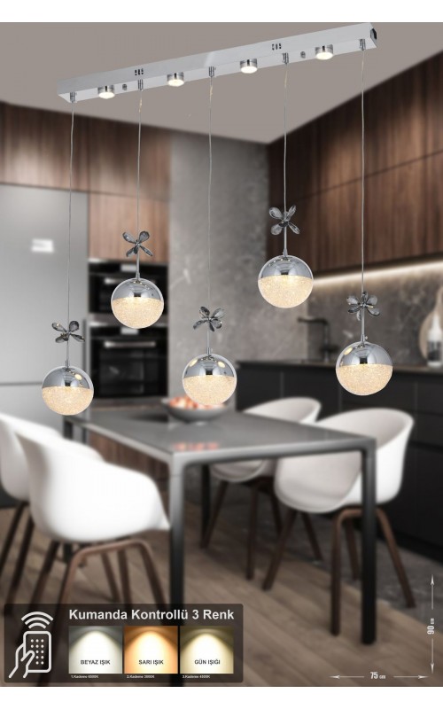 Avizemoda Forde 5'li Power Ledli Kumandalı Modern Yemek Masası Üstü Avize, 3 Renk: Sarı-beyaz-gün Işığı -krom