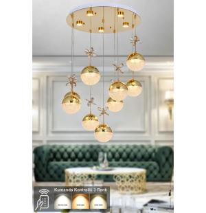 Avizemoda Forde 9'lu Power Ledli Kumandalı Modern Lüks Sarkıt Avize, 3 Renk: Sarı-beyaz-gün Işığı - Gold