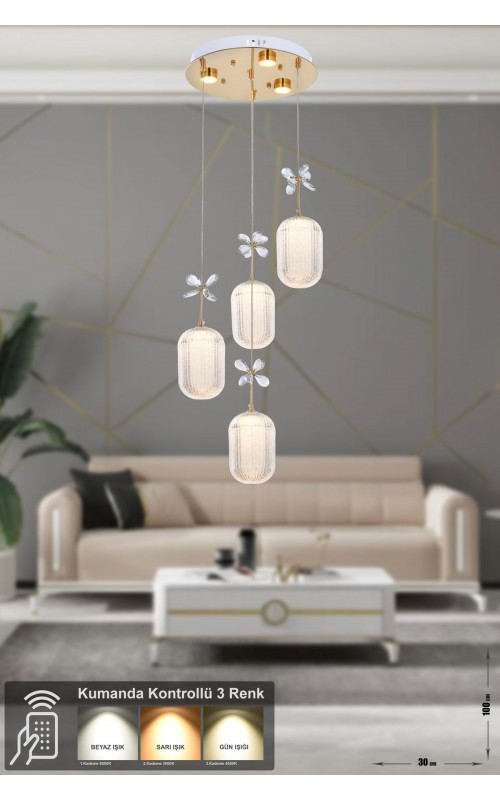 Avizemoda Motta 4'lü Power Ledli Kumandalı Modern Lüks Sarkıt Avize, 3 Renk: Sarı-beyaz-gün Işığı - Gold